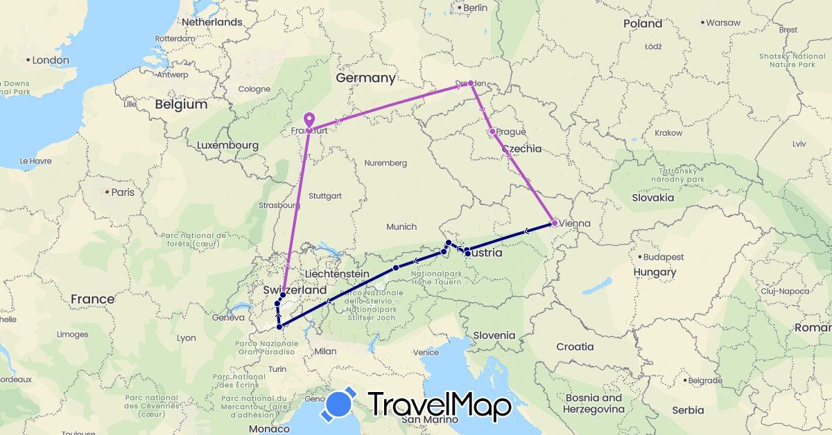 TravelMap itinerary: driving, train in Austria, Switzerland, Czech Republic, Germany (Europe)